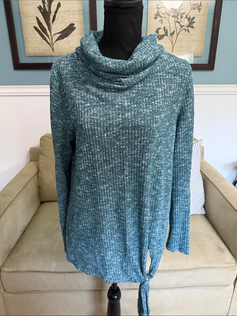 white birch Teal Marled Cowl-Neck Tie-Side Sweater